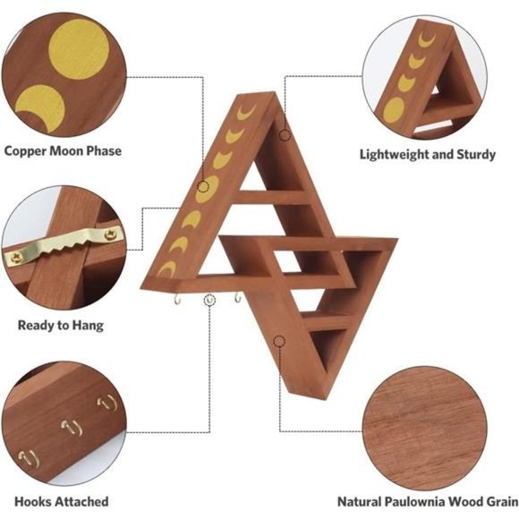 Moon Phase Triangle Shelf with Hooks - Rustic Moon Shelf for Crystals- Brown - Picture 6 of 6